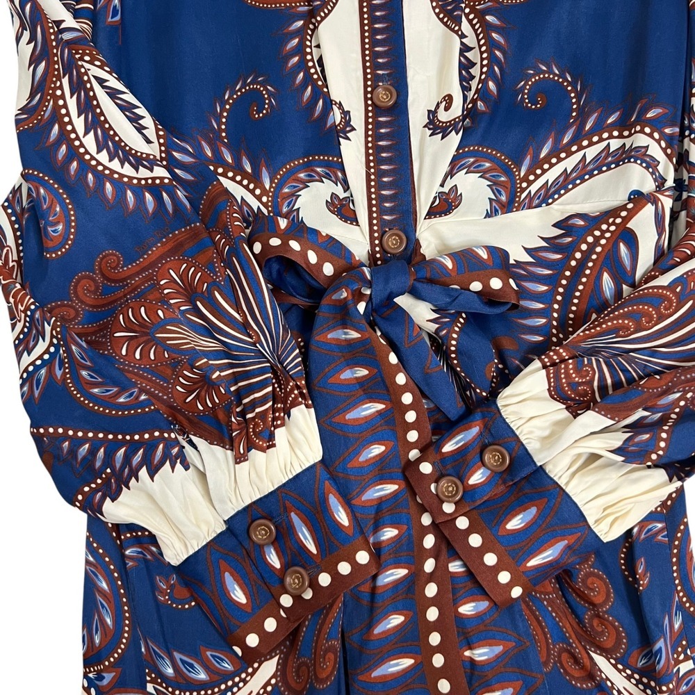 Farm Rio Blue Arabesque Scarf Long Sleeve Button Shirt Midi Dress SZ S - Picture 7 of 16